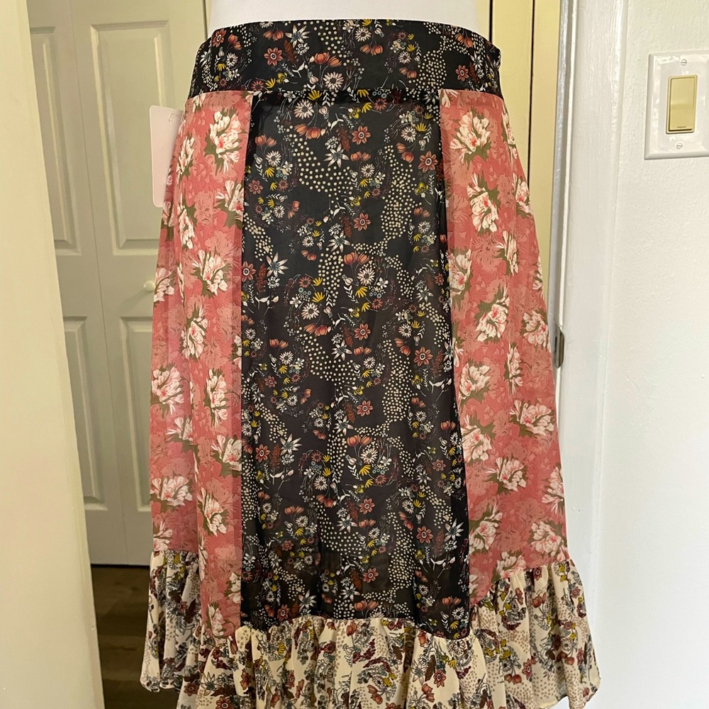 NWT DOWNEAST SKIRT M BOHO FEMININE CHIFFON OVERLAY LINED RUFFLED HEM ZIP ROSE